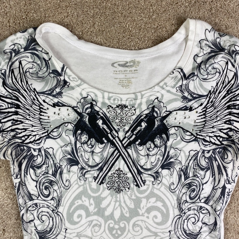 Roper Womens White Long Sleeve Graphic T-Shirt Pistols Wings Rhinestones Size‎ M
